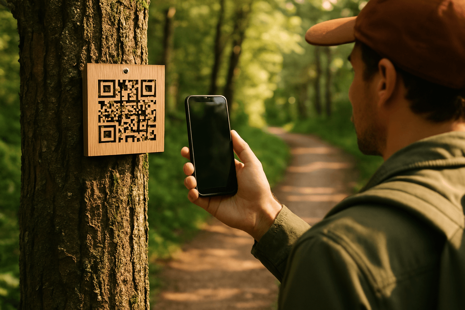Person finding a wooden QR code tag in nature